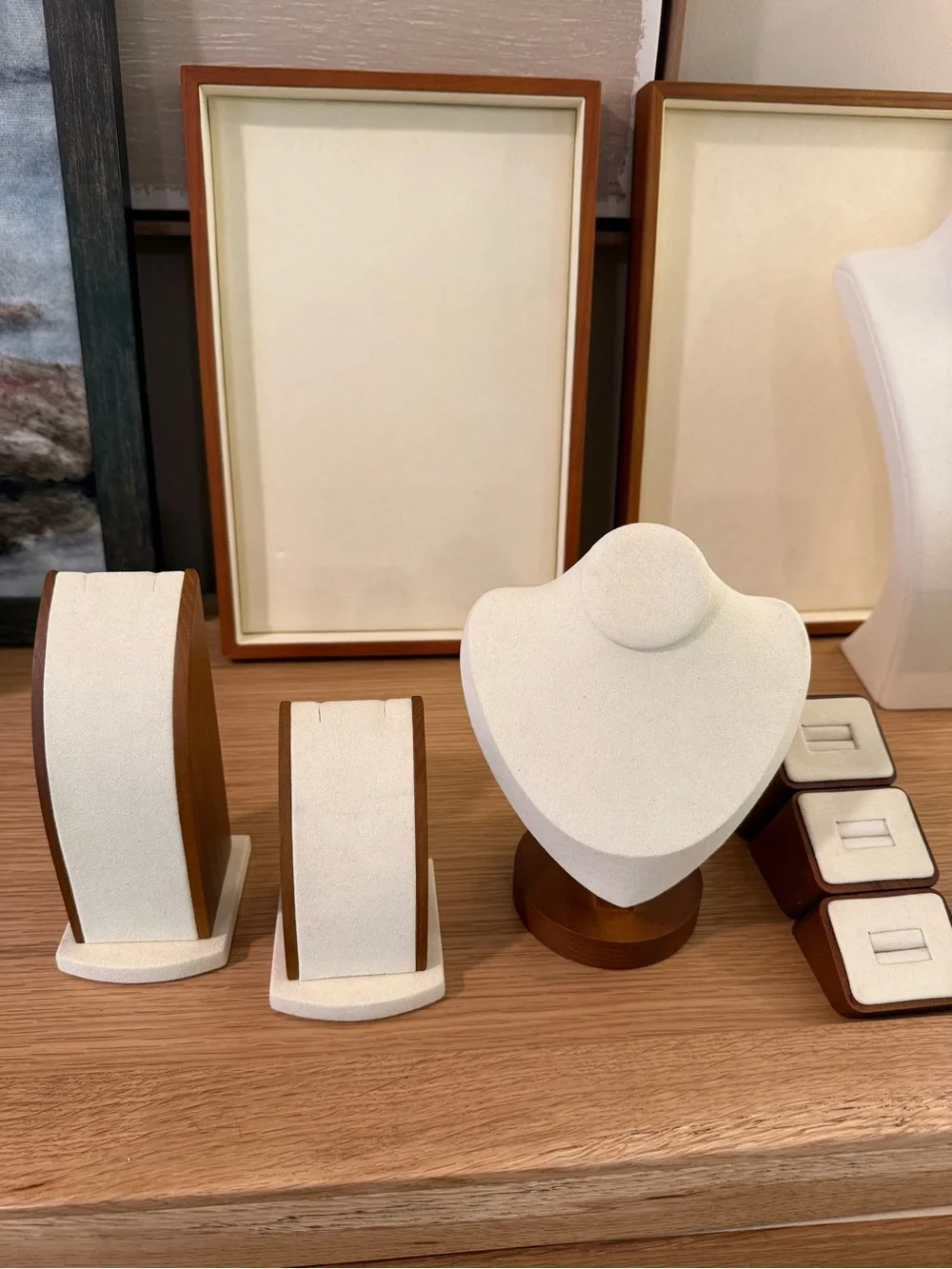 Cream fabric Jewelry Display Set with Wood Accents